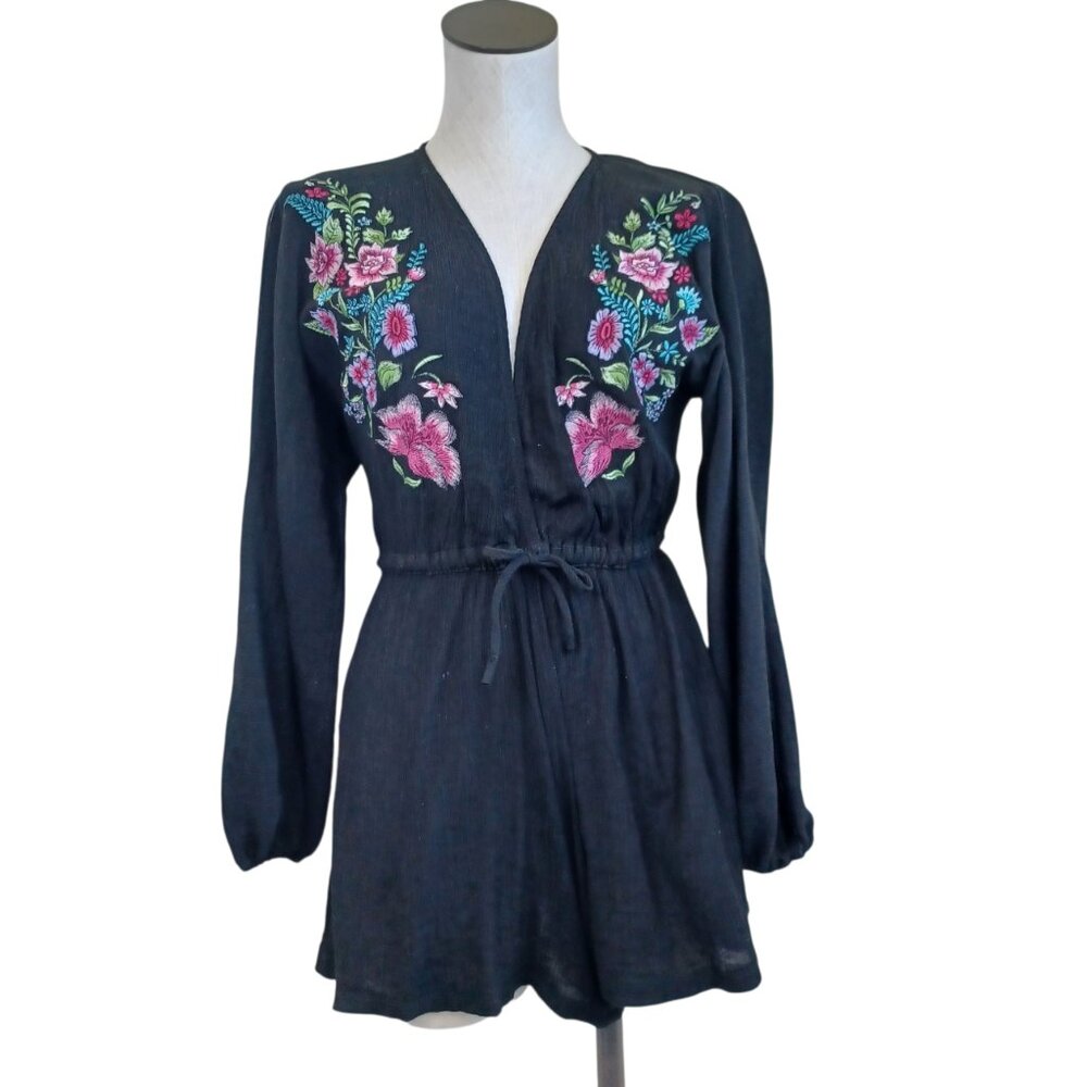 Spiritual Gangster Floral Embroidered Black Romper Long Sleeves Gauze Size XS